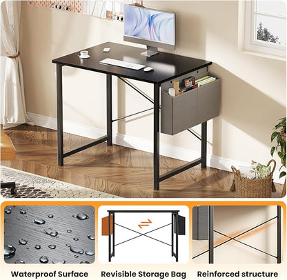 NEWBULIG Small Computer Desk for Bedroom 32 Inch Home Office Desks for Small Spaces Writing Gaming Work Study Table with Storage Bag Black