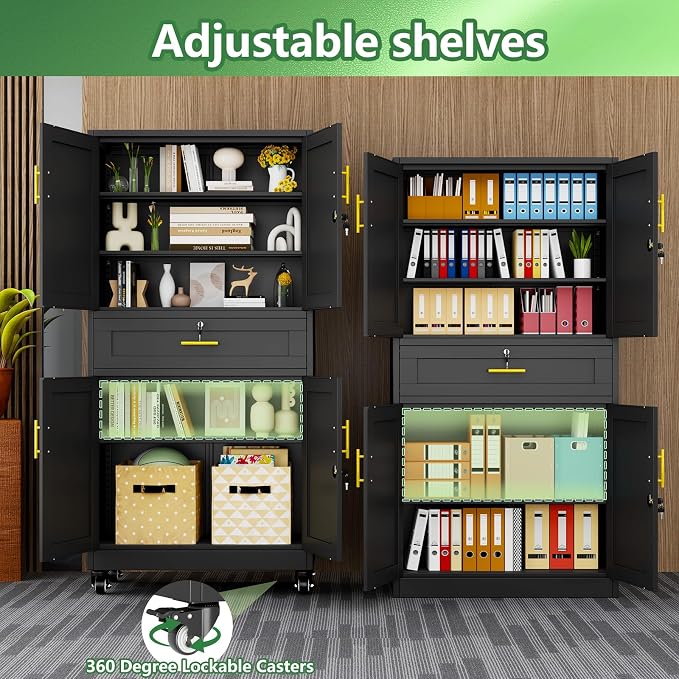Black Metal Storage Cabinet, 71" Tall Locking Storage Cabinet with 2 Adjustable Shelves, Steel Locker Organizer, for Office, Home, School