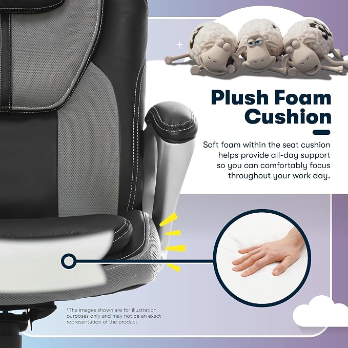 Serta Amplify Executive Office Chair with Faux Leather and Mesh, Adjustable Ergonomic Comfy Seat with Lumbar Support, Modern Computer DeskChairs, Swivel Rolling Wheels, Gray