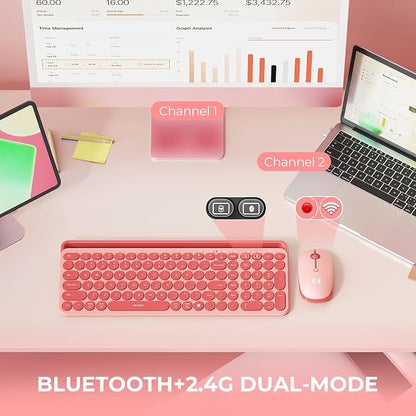 seenda Bluetooth Keyboard and Mouse for iPad, CTU-301 Wireless Multi-Device Connection Bluetooth+2.4G Keyboard Mouse Combo with Tablet Holder for iPad/MacBook/Windows, iOS/Android/Phone, Coral Pink