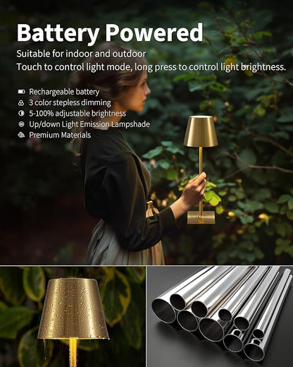 KDG 2 Pack Cordless Table Lamp,Portable LED Desk Lamp, 4000mAh Battery Operated, 3 Color Stepless Dimming Up, for Restaurant/Bedroom/Bars/Outdoor Party/Camping/Coffee Shop Night Light(Gold)