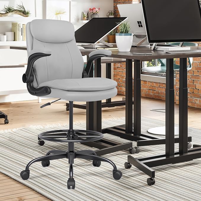 Misolant Leather Drafting Chair, Tall Office Chair for Standing Desk, High Executive Office Chair with Adjustable Height and Flip-up Armrest for Counter Height Desk