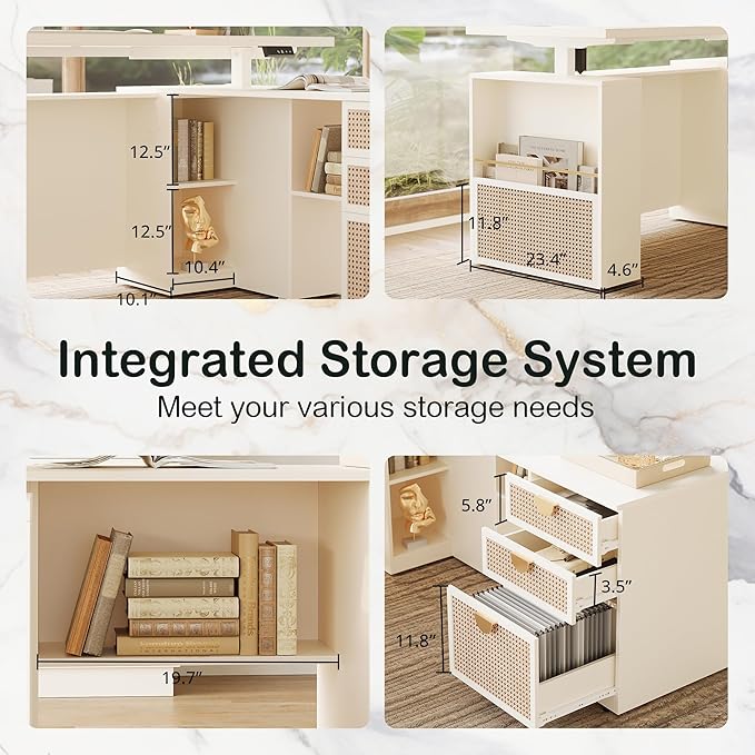 ModernMate 63" Standing Desk with File Cabinet, Privacy Panel, AC/USB, 1.18" Desktop, Executive L Shaped Height Adjustable Desk, Electric Stand Up Table with 3 Drawers, White Rattan