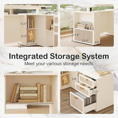 ModernMate 63" Standing Desk with File Cabinet, Privacy Panel, AC/USB, 1.18" Desktop, Executive L Shaped Height Adjustable Desk, Electric Stand Up Table with 3 Drawers, White Rattan