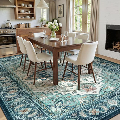 Lofus 8x10 Washable Rugs Non-Slip, Vintage Floral Area Rug for Living Room Bedroom Dining Room Kitchen, Low Pile Distress Print Medallion Carpet Home Decor Rug, Floral Green Beige