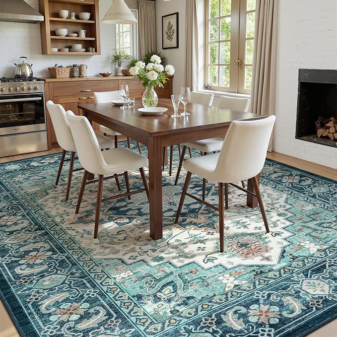 Lofus 5x7 Washable Rugs Non-Slip, Vintage Floral Area Rug for Living Room Bedroom Dining Room Kitchen, Low Pile Distress Print Medallion Carpet Home Decor Rug, Floral Green Beige