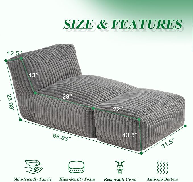 Hobestluk Giant Memory Foam Bean Bag Chairs Sofa for Adults (Grey,Large) | Soft Fabric,Ergonomic Back Support,Lightweight,Easy Clean,No Assembly,Wear-resisting,For Livingroom Guest room,Well-looking