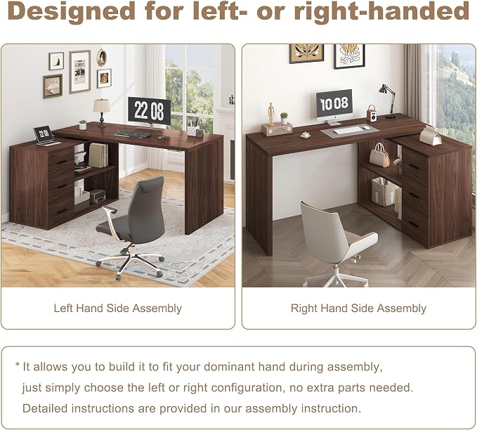 HSH L Shaped Office Desk with Drawers Shelves 55-76 Inch, Corner Computer Desk with Storage 360 Rotating Long for Work, Executive, Study, Writing, Teacher, Bedroom Modern Gaming Table, Walnut