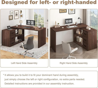 HSH L Shaped Office Desk with Drawers Shelves 55-76 Inch, Corner Computer Desk with Storage 360 Rotating Long for Work, Executive, Study, Writing, Teacher, Bedroom Modern Gaming Table, Walnut