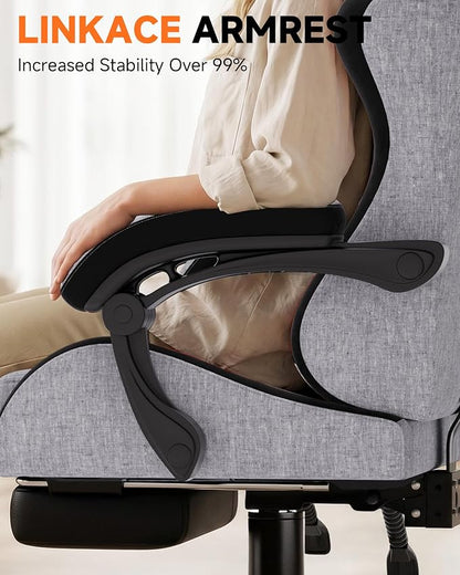 GTPLAYER Gaming Chair with Footrest, Computer Gaming Chair for Adults, Height Adjustable Gamer Chair with 90-155° Recline & Removable Headrest Lumbar Support,Linen Fabric Gray-Black