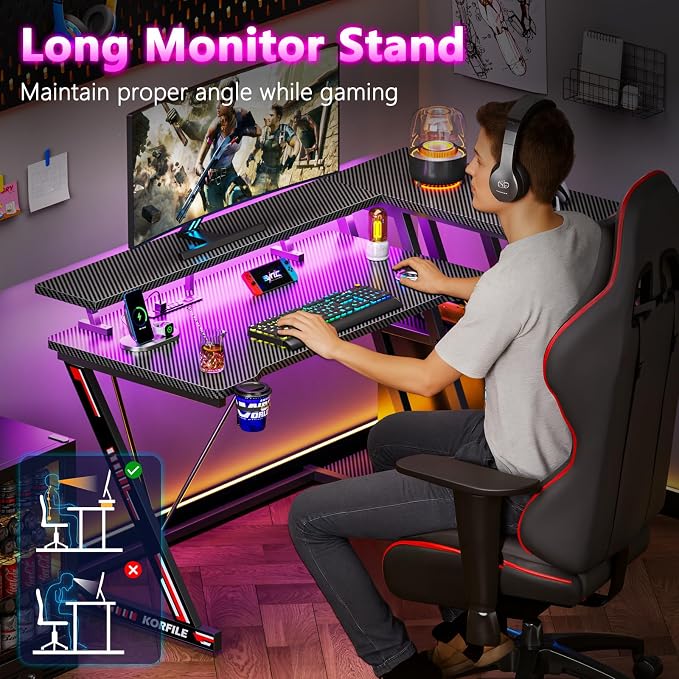 Korfile 47 Inch Gaming Desk with Power Outlet & LED Lights, Corner Computer Desk with 3 Tiers Storage Shelves, Home Office Desk with Monitor Stand for Small Space, Carbon Fiber Black