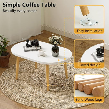 Oval Coffee Table Low Table with 4 Solid Wood Sturdy Legs,Floor Table Desk for Sitting on The Floor,19.7"D x 31.5"W x 16"H Inches,Living Room/Toy room Furniture,Rental house Furniture(White-Oval)