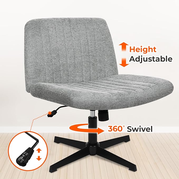 NEO CHAIR Criss Cross Chair No Wheel Vanity Desk Chair Wide Armless Cross Legged Office Comfy Makeup Adjustable Computer Task for Home Office Fabric (Grey)