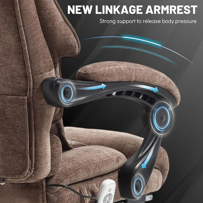Office Chair with Foot Rest,3D Kneading Massage & Heat Executive Office Chairs for Heavy People,500LBS Big and Tall Office Chair,Ergonomic Reclining Desk Chair,Dual-Use Pillow,Home Office,BrownCloth