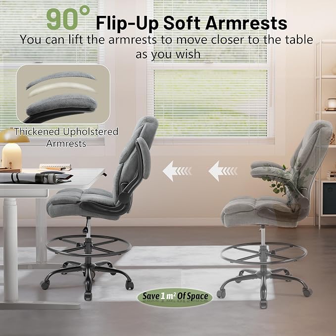 500LBS Drafting Chair, High Back Safer Standing Desk Chair, Executive Tall Office Chair with Flip-up Armrests, Upholstered Fabric Task Chair, Ergonomic Seat with Adjustable Height&Foot Ring, Grey