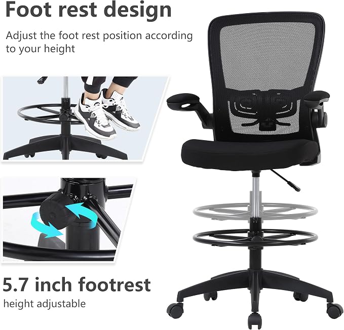 BestOffice Drafting Chair Tall Office Chair Adjustable Height with Lumbar Support Flip Up Arms Footrest Mid Back Task Mesh Desk Chair Computer Chair Drafting Stool for Standing Desk (B-Black)