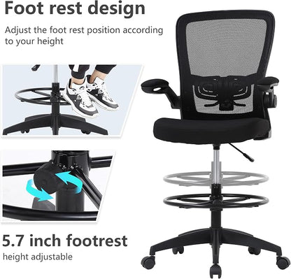 BestOffice Drafting Chair Tall Office Chair Adjustable Height with Lumbar Support Flip Up Arms Footrest Mid Back Task Mesh Desk Chair Computer Chair Drafting Stool for Standing Desk (B-Black)