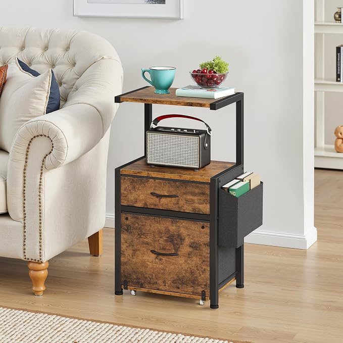 HIGDBFE 2-Drawer File Cabinet with Printer Stand&Dual Shelves, Rustic Brown | 2-Tier Printer Storage, Letter File Drawer, Reversible Side Bag, Smooth Drawer Slides, Rolling Support Board