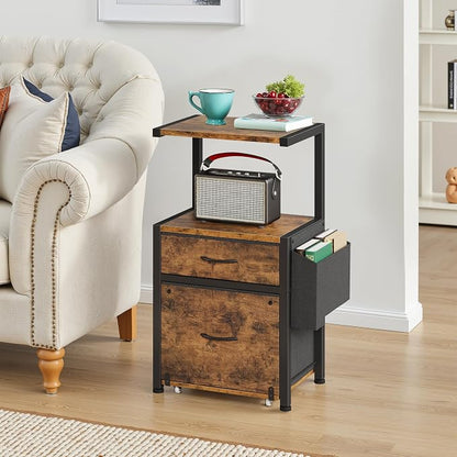 HIGDBFE 2-Drawer File Cabinet with Printer Stand&Dual Shelves, Rustic Brown | 2-Tier Printer Storage, Letter File Drawer, Reversible Side Bag, Smooth Drawer Slides, Rolling Support Board