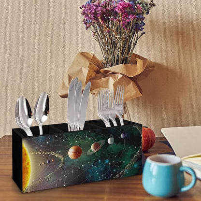 Black Outer Space Decor Wooden Pen Pencil Holder for Desk, Black Space Themed Bedroom Decor Gift for Kids Men, The Solar System Wood Makeup Brush Toothbrush Holder Organizer for Library Bedroom