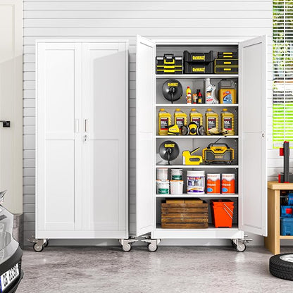winiowa 75" Tall Metal Garage Storage Cabinet with Wheels, Steel Locking Rolling Tool Cabinet with 5 Adjustable Shelves for Garage,Home,Office (White)