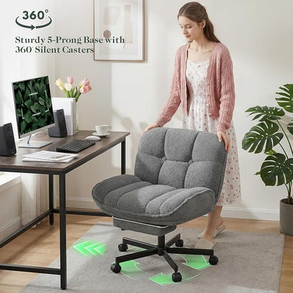 DurayLoly Criss Cross Office Chair with Foot Rest, 26.77" Wide Cross Legged Office Chair with 7" Thick Backrest, Height Adjustable & 360°Swivel, Desk Chair for All-Day Comfort (Misty Gray)