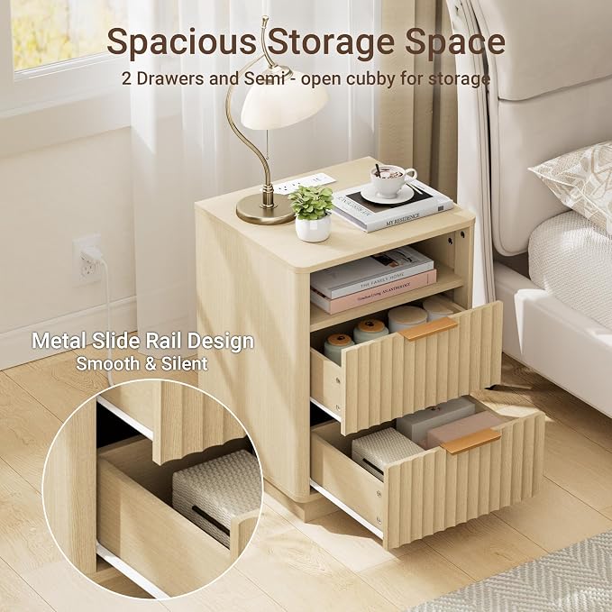 Fluted Nightstand, Modern Night Stand, 2 Drawers Nightstand with Charging Station, Wooden End Table w/Storage, Bedside Table for Bedroom Sofa Home Office, Curved Corners Design, Natural Oak