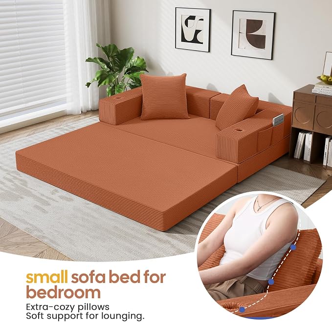 COMAX Futon Sofa Bed, 4‑in‑1 Convertible Sofa Bed, Folding Boneless Couches | Boneless Couch for living room, Fold Out Small Foldable Loveseat Floor Sleeper Mattress Lounge Space‑Saving, Light Orange