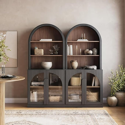 BELLEZE Set of 2 71" Tall Storage Cabinet with Glass Door, Sideboard Buffet Cabinet with Adjustable Shelves for Pantry Organizing, 5-Tier Modern Storage Unit for Living Room Home Office, Ebony