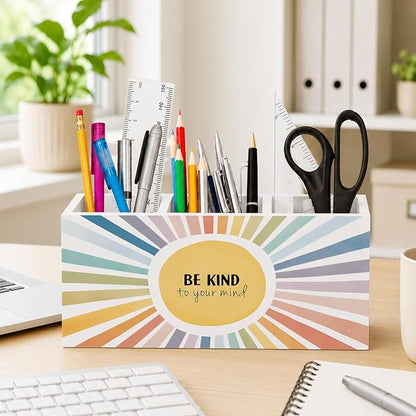 Boho Sunshine Mental Health Pen Holder for Desk, Inspirational Be Kind to Your Mind Wooden Box Sign Desk Decor for Classroom Home Office Decoration, Colorful Sun Pencil Organizer
