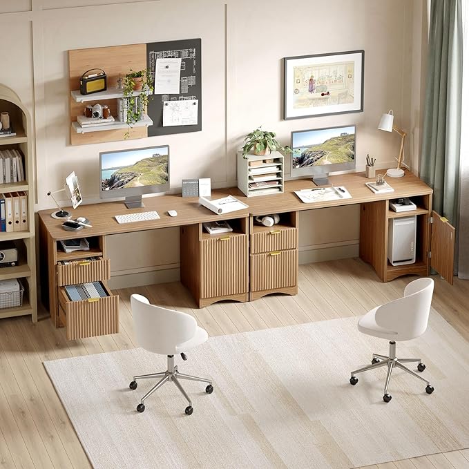 Bestier 59 inch Computer Desk with 2 Drawers, Office Desk with Storage File Cabinet and 2 Open Storage Shelves, Modern Fluted Executive Desk for Home Office Bedroom, Brown Oak