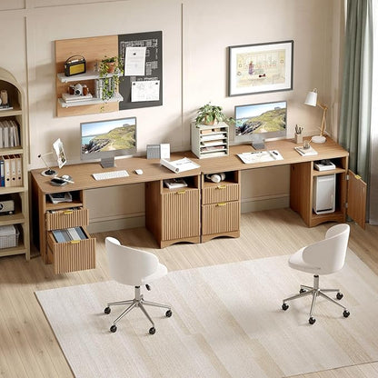 Bestier 59 inch Computer Desk with 2 Drawers, Office Desk with Storage File Cabinet and 2 Open Storage Shelves, Modern Fluted Executive Desk for Home Office Bedroom, Brown Oak