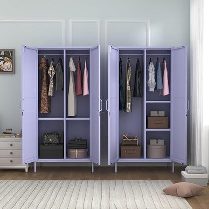 Lockable Metal Wardrobe Closet with Hanging Rod and 3 Adjustable Shelves,67" Metal Storage Cabinet with 2 Doors,Steel Armoire Wardrobe Closet for Bedroom Living Room Cloak Room (Purple)