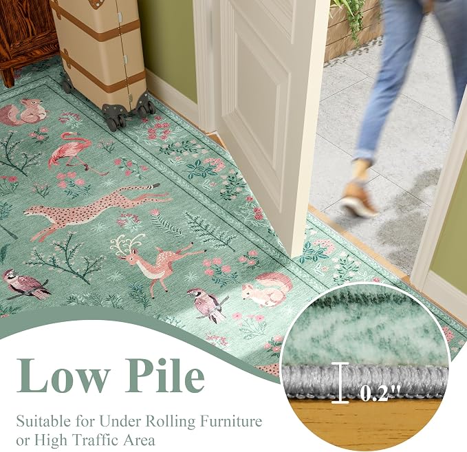 DUKINO 2.6x8 Rug for Hallway, Washable Kitchen Runner Rug with Non Slip Backing, Soft Low Pile Vintage Animal Runner for Bedroom, Kitchen, Hallway, Entryway, Laundry, Teal