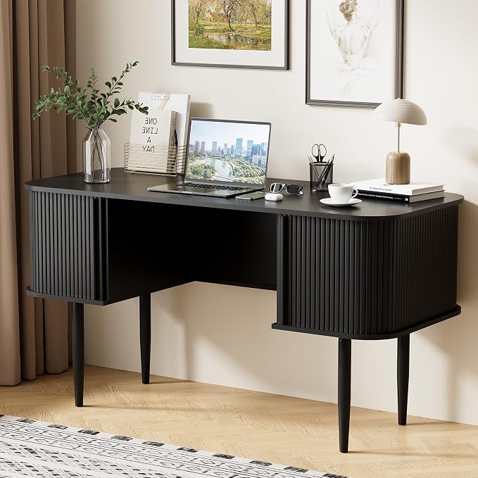 Furniway 55" Modern Writing Desk with Sliding Doors, Wood Home Office Desk with Storage, Computer Desk for Study, Living Room, Dorm, Black