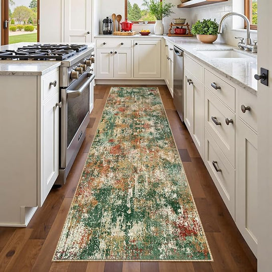 RELEANY Washable Area Rugs 2'x6' Non-Slip Modern Abstract Soft for Living Room Entryway Bedroom Kitchen, Print Pattern, Green Orange Rust Red Cream Colorful
