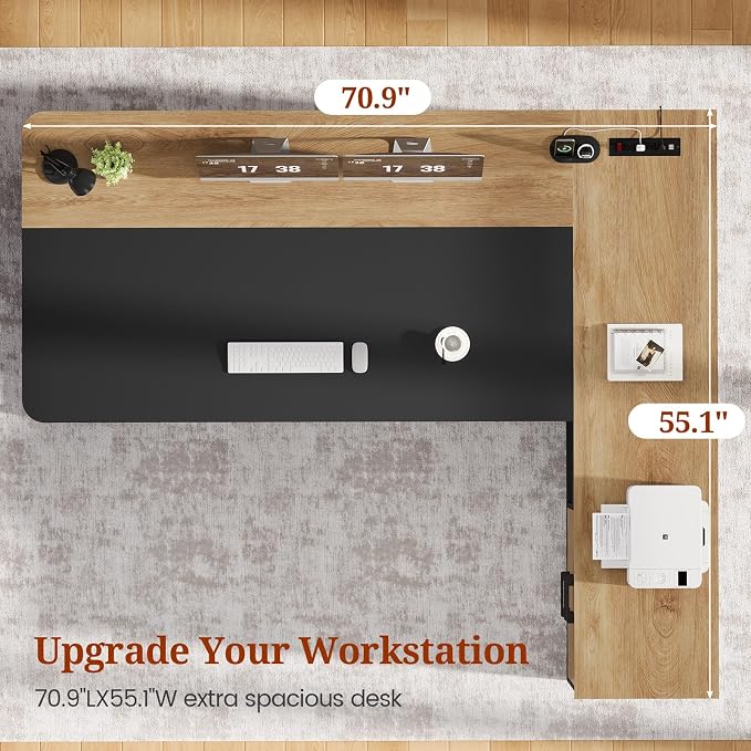 UPOSOJA 71" Executive Desk, Large Office Desk with Drawers & Storage Shelves, Modern L Shaped Computer Desk Corner Desk with Power Outlets, File Cabinet, Business Furniture Desk Workstation (Oak)