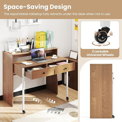 Giantex Small Computer Desk with Hutch & Drawers, Extendable Writing Desk w/Pull Out Secondary Table, Monitor Stand & Rolling Wheels, Console Table, Compact Desk for Small Spaces (Natural)