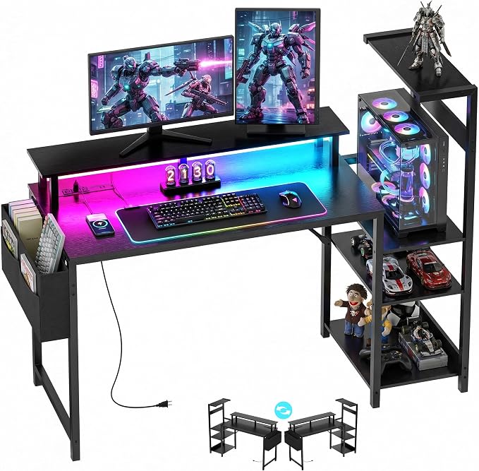 Apicizon 47 Inch Gaming Desk with LED Setup Style, Computer Desk with Storage Shelves & Monitor Stand, Reversible Workstation for Small Space, Home Office Desk with Side Pocket