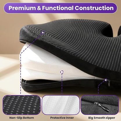 ZZ-WELL Seat Cushions for Office Chairs, Patented Pressure Relief Coccyx Cushion for Tailbone Pain, Memory Foam Butt Pillows for Wheelchair Car Sitting, Carrying Handle, Non-Slip (Black, Large)