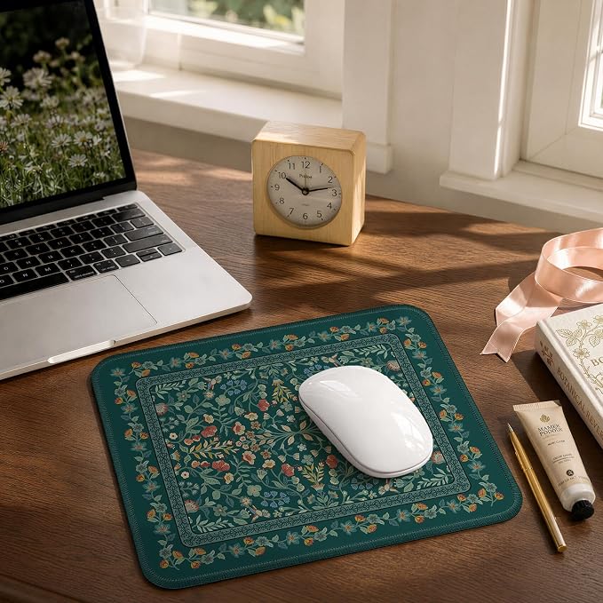 iCasso Aesthetic Small Floral Mouse Pad, Mini Portable Travel Mousepad, Anti-Slip and Comfortable Cloth Mouse Mat 7.9"x9.5" with Stitched Edges for Computer, Laptop, Office, Home(Deep Green)
