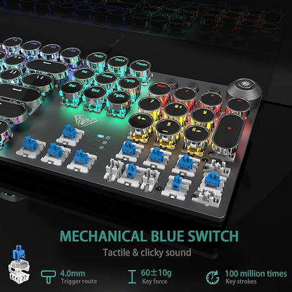 AULA F2088 Typewriter Style Mechanical Gaming Keyboard Wired,Blue Switches,Rainbow LED Backlit,Removable Wrist Rest,Media Control Knob,Retro Punk Round Keycaps,USB Wired Computer Keyboard