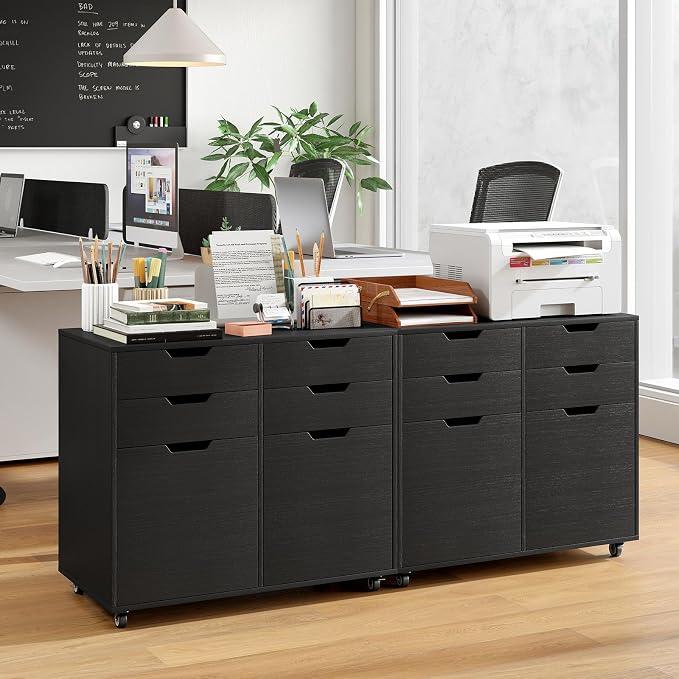 Giantex 4-Drawer File Cabinet, Rolling Printer Stand with 2 Lockable Wheels, Wooden Lateral Filing Cabinet, Load 298 Lbs, Under Desk Craft Storage Organizer for Home Office Organization (Black)