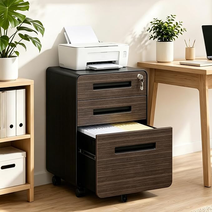 SAWJEC 3 Drawer File Cabinet with Lock, Rolling Printer Stand Under Desk, Fully Assembled Mobile Filing Cabinet fits Legal/Letter Size, Black Home Office Storage, 18" D x 167" W x 23" H