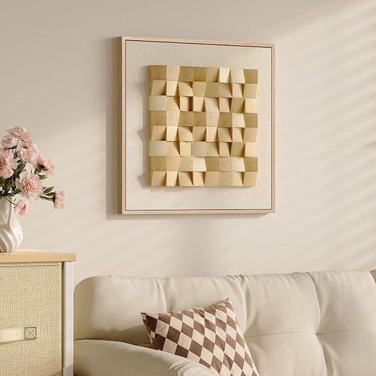 Framed 3D Wood Textured Wall Art, Large Modern Beige Geometric Wooden Artwork for Walls, Minimalist Neutral Square Paintings Wall Decor for Living Room, Dining Room, Bedroom, Office, 28x28 Inch
