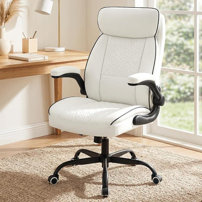 White Office Chair 400lbs, Modern Executive Desk Chair with Lumbar Support, Comfortable Computer Chair with Flip-up Armrests, Adjustable Height Swivel Reclining Chair for Home Office, Faux Leather