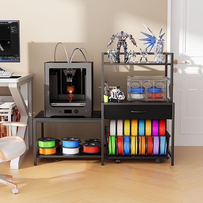 Saudism 3D Printer Stand with Storage Drawer and Rolling Filament Basket, Industrial Printer Table with Open Shelves and Hooks, Sturdy Metal Workstation for 3D Printing Tools and Accessories (Black)