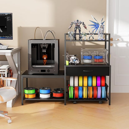 Saudism 3D Printer Stand with Storage Drawer and Rolling Filament Basket, Industrial Printer Table with Open Shelves and Hooks, Sturdy Metal Workstation for 3D Printing Tools and Accessories (Black)