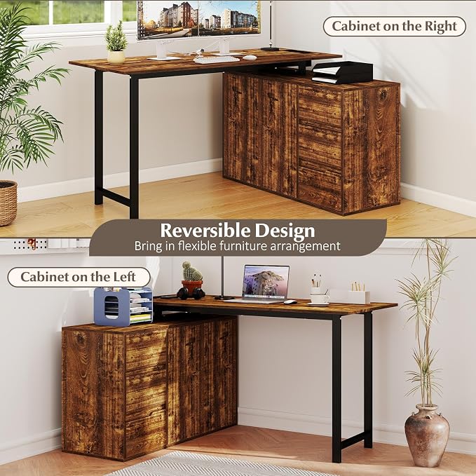 GOFLAME 54.5” L Shaped Computer Desk with Power Outlet, Reversible Corner Desk with File Cabinet and 3 Drawers, PC Desk Study Writing Table Workstation for Home Office, Small Space, Rustic Brown