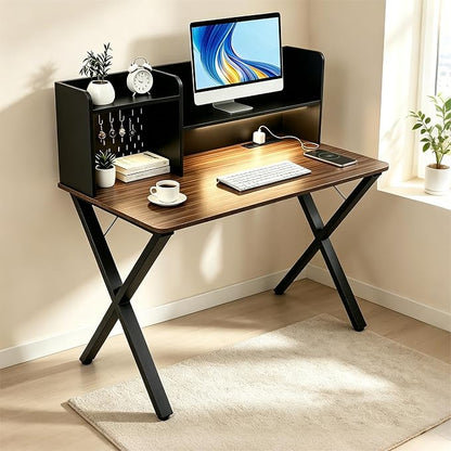 44"×24" Black Computer Desk with Charging Ports, Home Office Desk with Hutch Pegboard Study Gaming Desk with Motion Sensor Light, Modern Writing Desk Table for Home Office Bedroom Kis Room